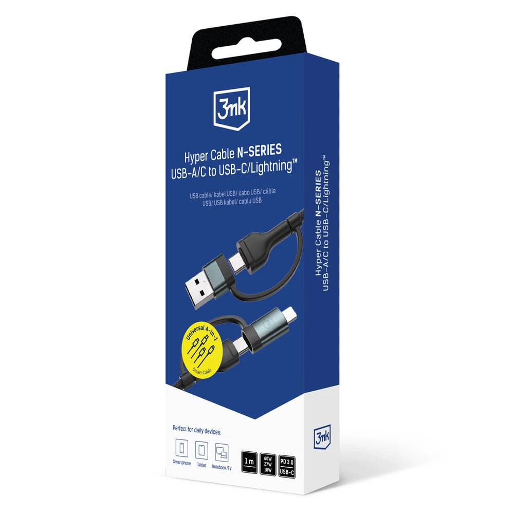 3Mk Protection Aksesuarai - 3mk Hyper Cable N-SERIES 2 in 1 A/C to C/Lightning 1 QC 3.0 9V/2A 60W Juodas