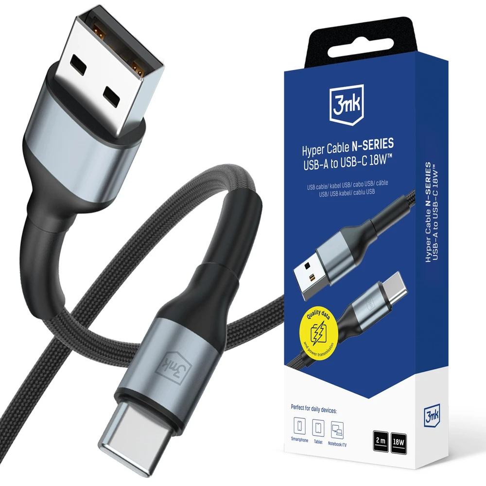 3Mk Protection 3mk Hyper Cable N-SERIES USB-A / USB-C 2m 9V/2A 18W / juodas