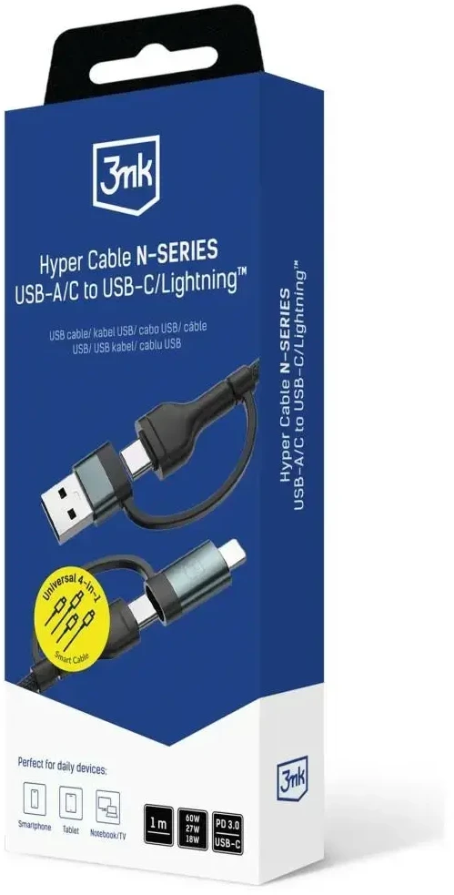 3MK Hyper N-SERIES 4-in-1 duomenų perdavimo ir įkrovimo kabelis | USB-A į USB-C, Lightning | 60 W | 1,2 m