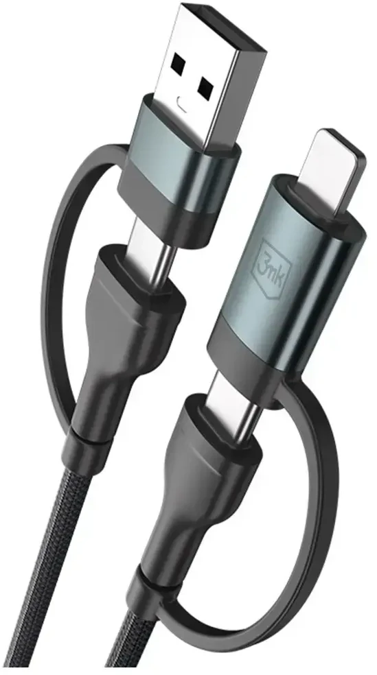 3MK Hyper N-SERIES 4-in-1 duomenų perdavimo ir įkrovimo kabelis | USB-A į USB-C, Lightning | 60 W | 1,2 m
