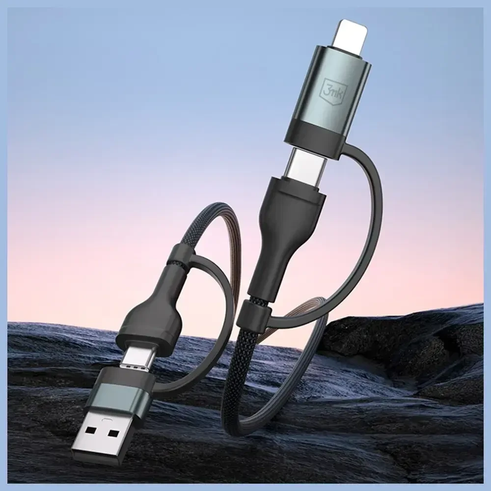 3MK Hyper N-SERIES 4-in-1 duomenų perdavimo ir įkrovimo kabelis | USB-A į USB-C, Lightning | 60 W | 1,2 m