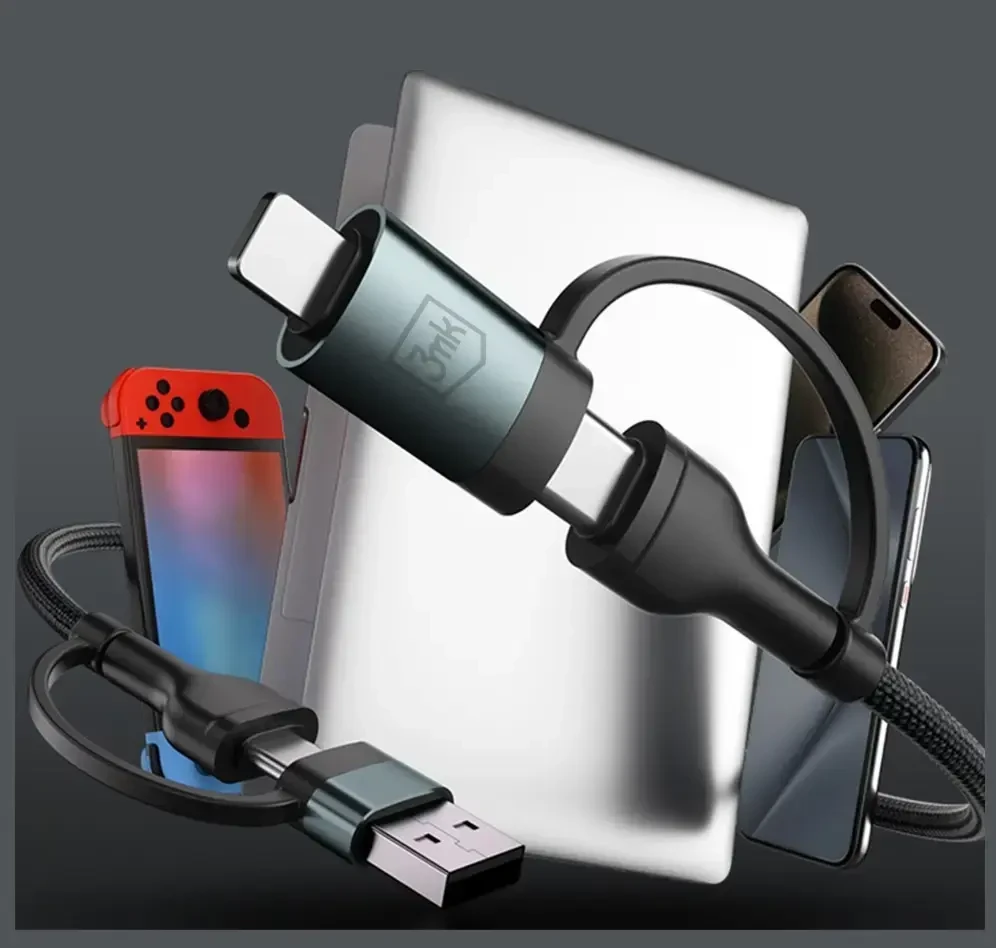 3MK Hyper N-SERIES 4-in-1 duomenų perdavimo ir įkrovimo kabelis | USB-A į USB-C, Lightning | 60 W | 1,2 m
