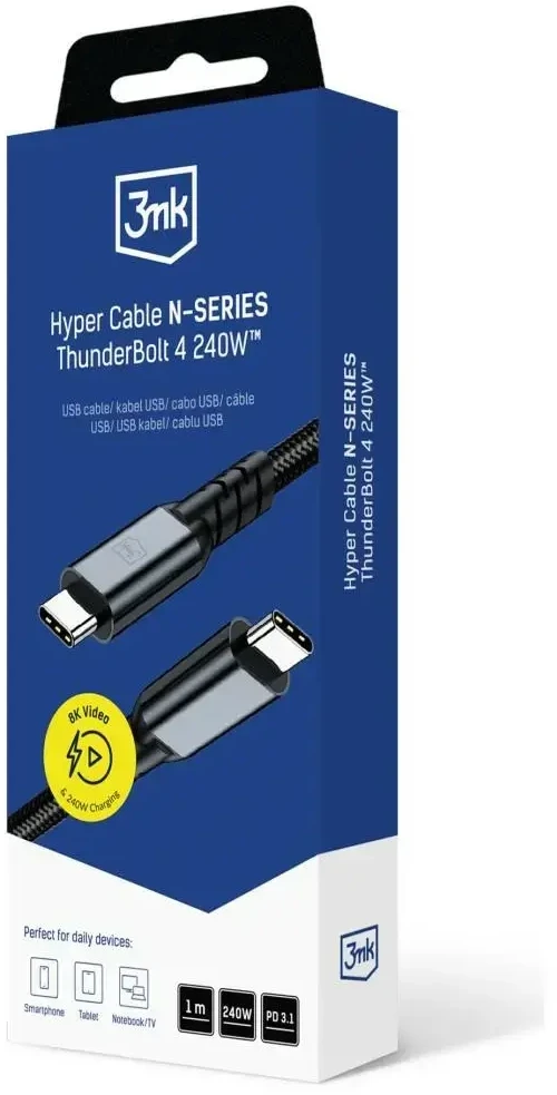 3MK Hyper N-SERIES duomenų perdavimo ir įkrovimo laidas | USB-C į USB-C | 240 W | Thunderbolt 4 | 1 m | juodas