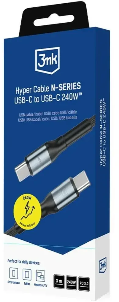 3Mk apsaugos priedai - 3mk Hyper Cable N-SERIES C-C 3m PD 3.0 QC 3.0 48V/5A 240W Juodas