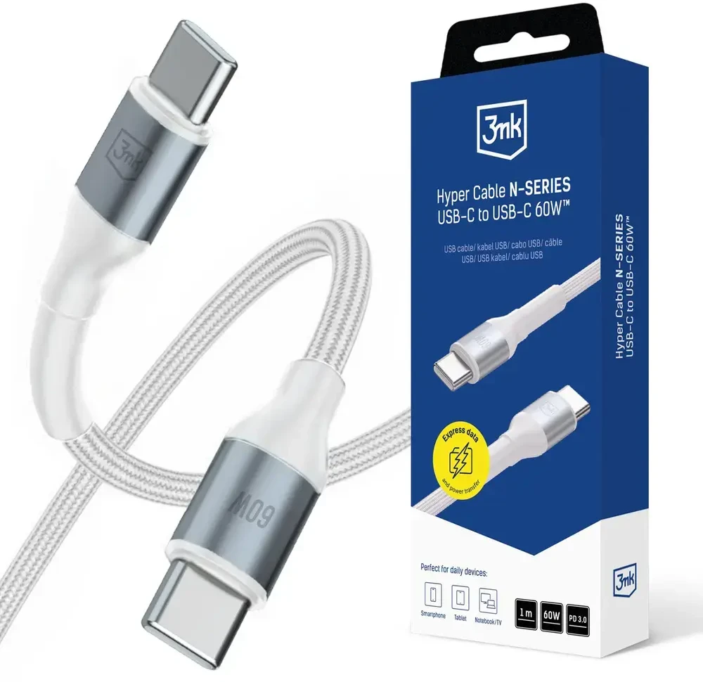 3Mk apsauga 3mk Hyper kabelis 3mk Hyper kabelis N serijos USB-C / USB-C 1m 20V/3A 60W / baltas