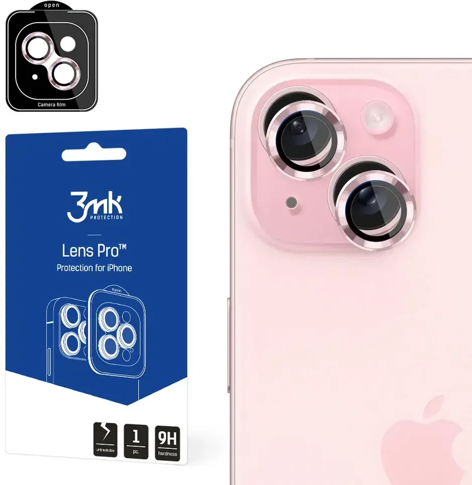 Apsauginis stiklas telefono kamerai Apple iPhone 15 3MK Lens Protection Pro rožinės spalvos