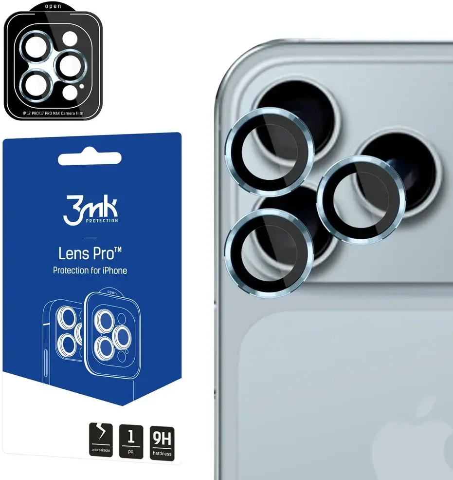 3MK Lens Protection Pro fotoaparato objektyvo apsauga, skirta iPhone 17 Pro / 17 Pro Max, mėlyna