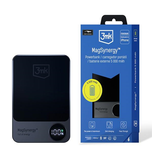 Powerbank 3mk MagSynergy su MagSafe 5000mAh 18W - juodos spalvos