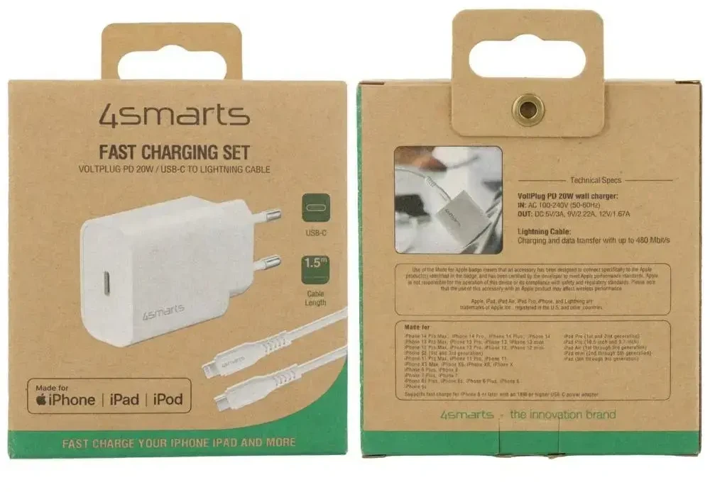 4smarts VoltPlug 20W PD USB-C Laidinis įkroviklis with USB-C to Lightning cable baltos spalvos