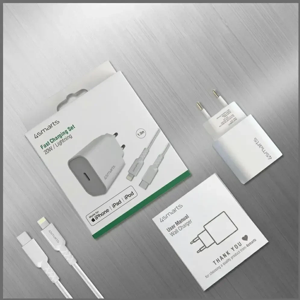 4smarts VoltPlug 20W PD USB-C Laidinis įkroviklis with USB-C to Lightning cable baltos spalvos