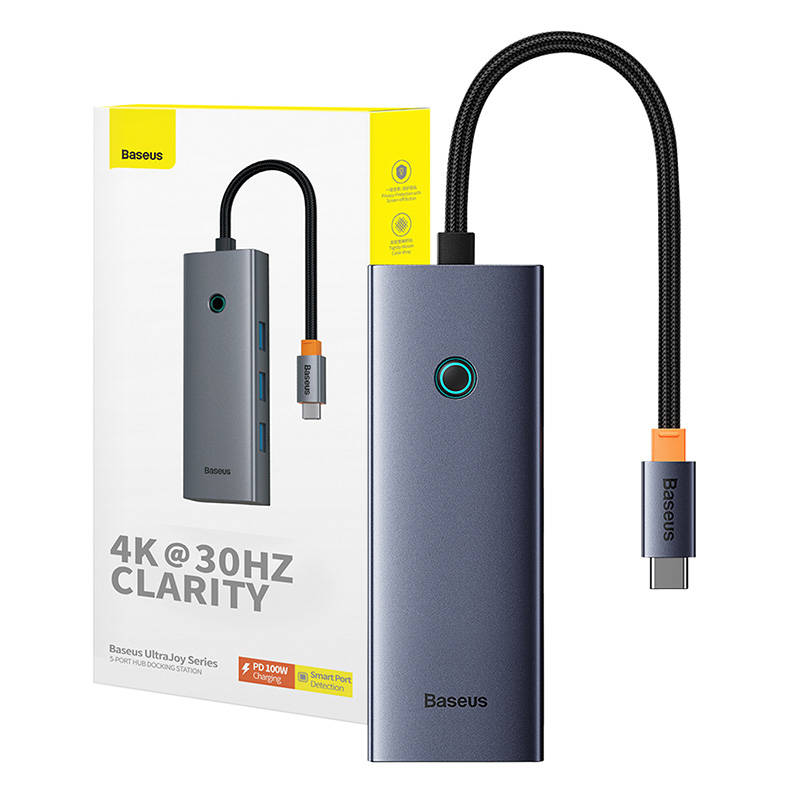 5-in-1 Hub Baseus UltraJoy serijos USB-C iki HDMI4K@30Hz+3xUSB 3.0+1xPD (pilka)