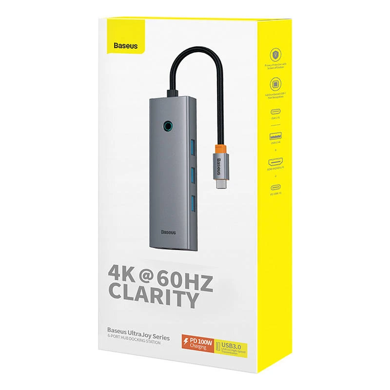 6in1 šakotuvas Baseus UltraJoy USB-C per HDMI4K@60Hz+4xUSB 3.0+PD - pilka