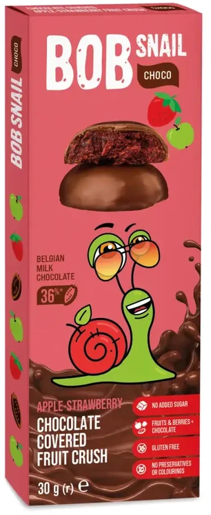 Bob Snail Eco-Snack Obuolių-braškių užkandis pieniškame šokolade 30 g