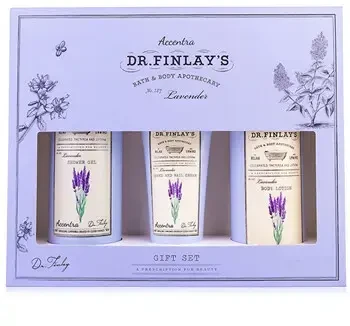 Accentra Levandų kvapo DR. FINLAY`S vonios priežiūros dovanų rinkinys levandų dovanų dėžutėje, dušo želė 240 ml, kūno losjonas 190 ml, rankų ir nagų kremas 60 ml, 3 kvapai