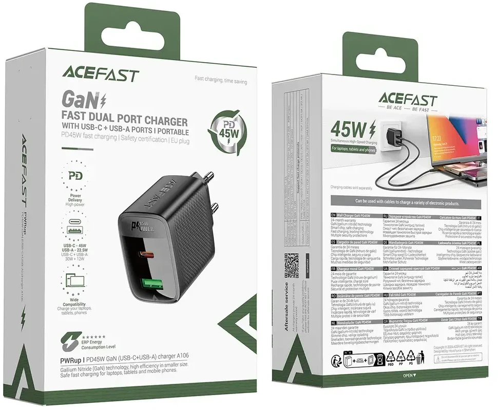 Acefast A106 GaN PD 45W USB-C USB-A Wall Charger - Juodas