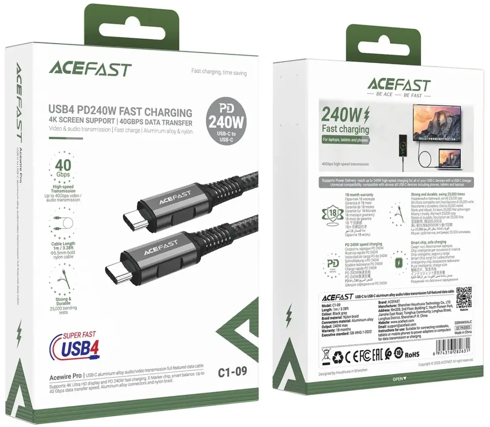 Acefast C1-09 duomenų perdavimo ir įkrovimo kabelis | USB-C į USB-C | 240 W | 1 m | pilka, juoda