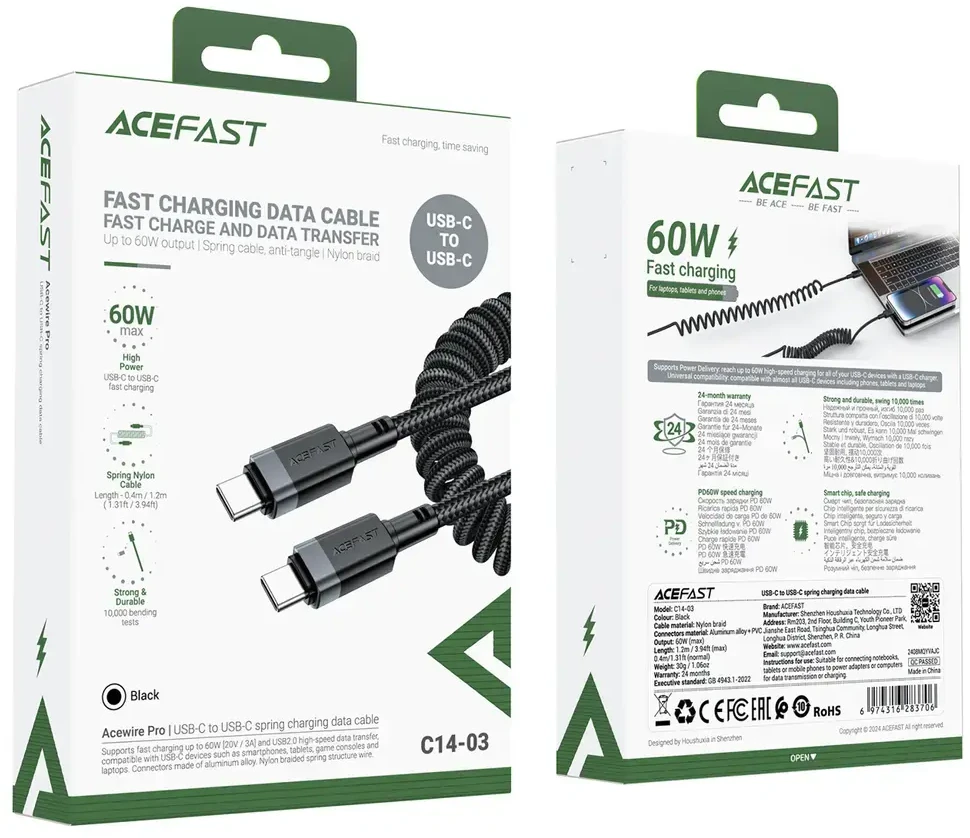 Acefast C14-03 USB-C – USB-C Spring kabelis 480Mb/s 3A 1.2m – Juodos spalvos