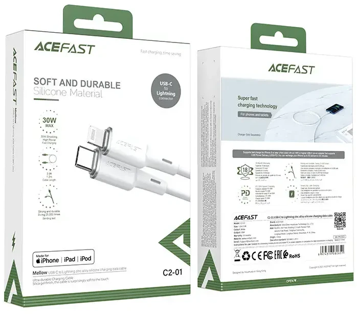 Acefast C2-01 duomenų perdavimo ir įkrovimo kabelis | MFI | USB-C į Lightning | 30 W | 1,2 m | baltas