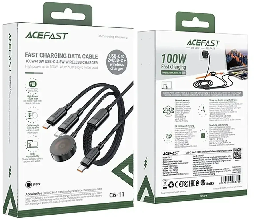 Acefast C6-11 3-in-1 duomenų perdavimo ir įkrovimo kabelis | USB-C į USB-C, Qi | 100 W | 1,2 m | juodas