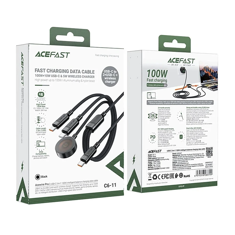 Acefast C6-11 USB-C 3in1 laidas – 2x USB-C / Qi 480Mb/s 100W 1,2m – juodos spalvos