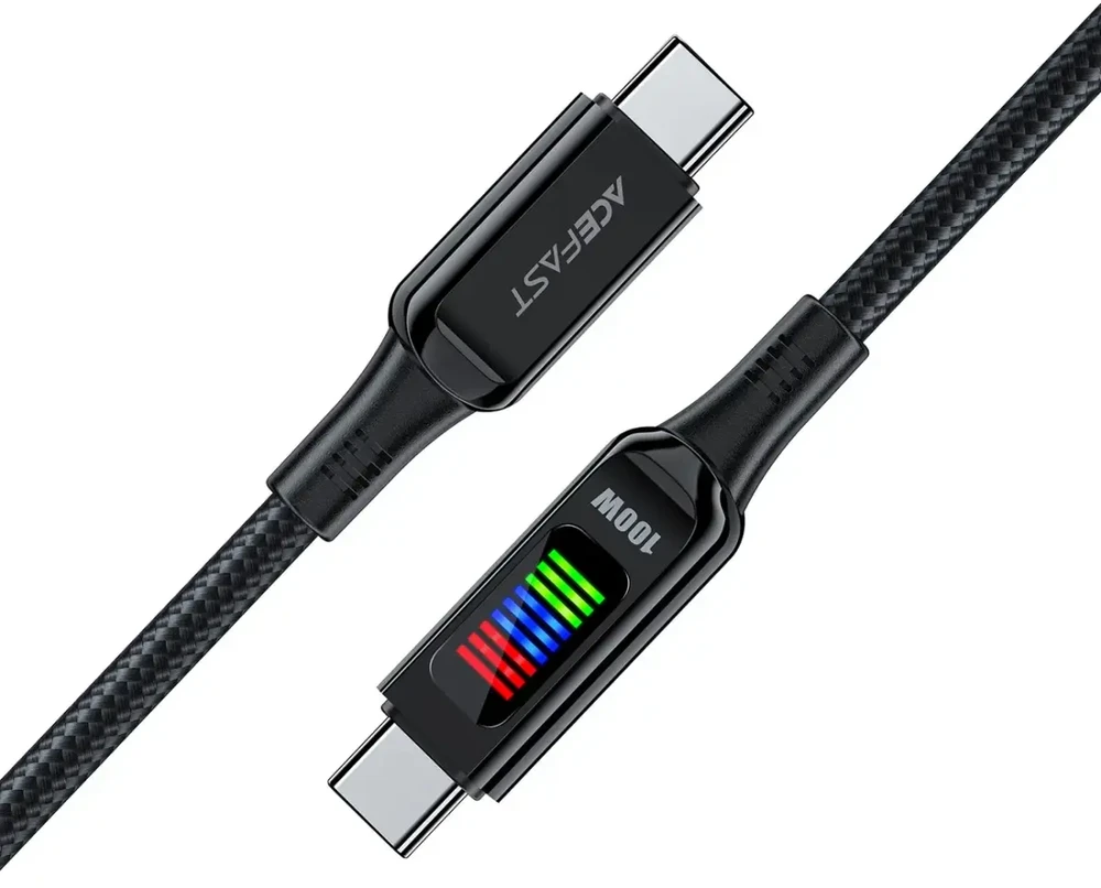 Acefast C7-03 duomenų perdavimo ir įkrovimo kabelis | USB-C į USB-C | 100W | su LED ekranu | 1,2 m | juodas