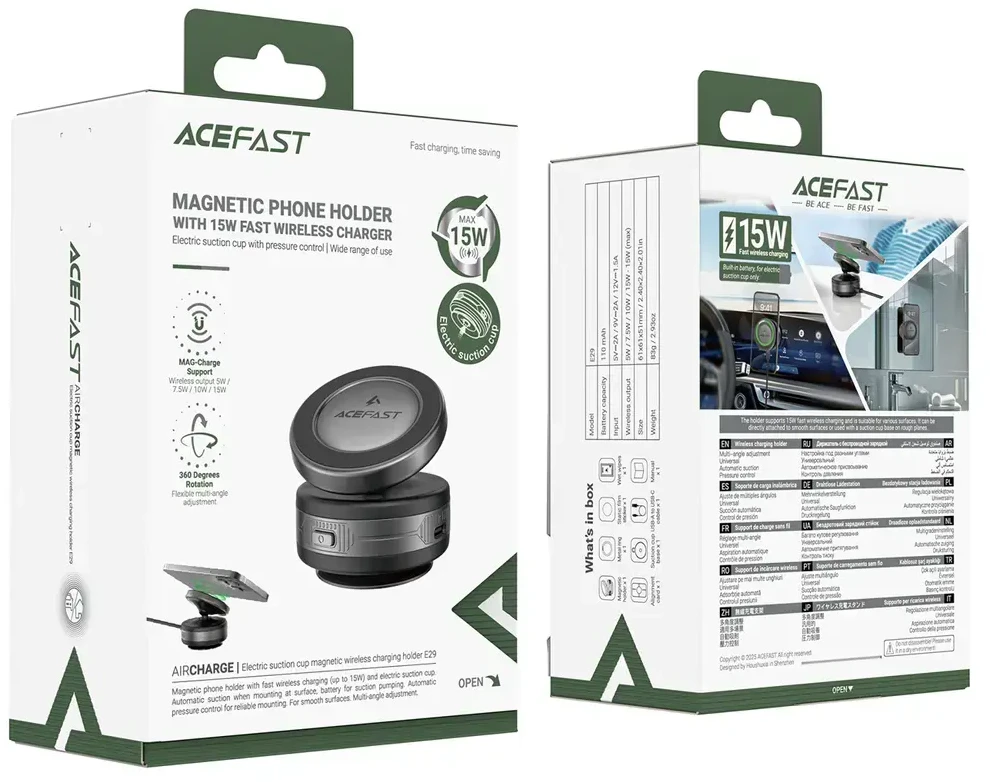 Acefast E29 magnetinis laikiklis su belaidžiu įkrovikliu ir siurbtuku prietaisų skydeliui / priekiniam stiklui - Juodas