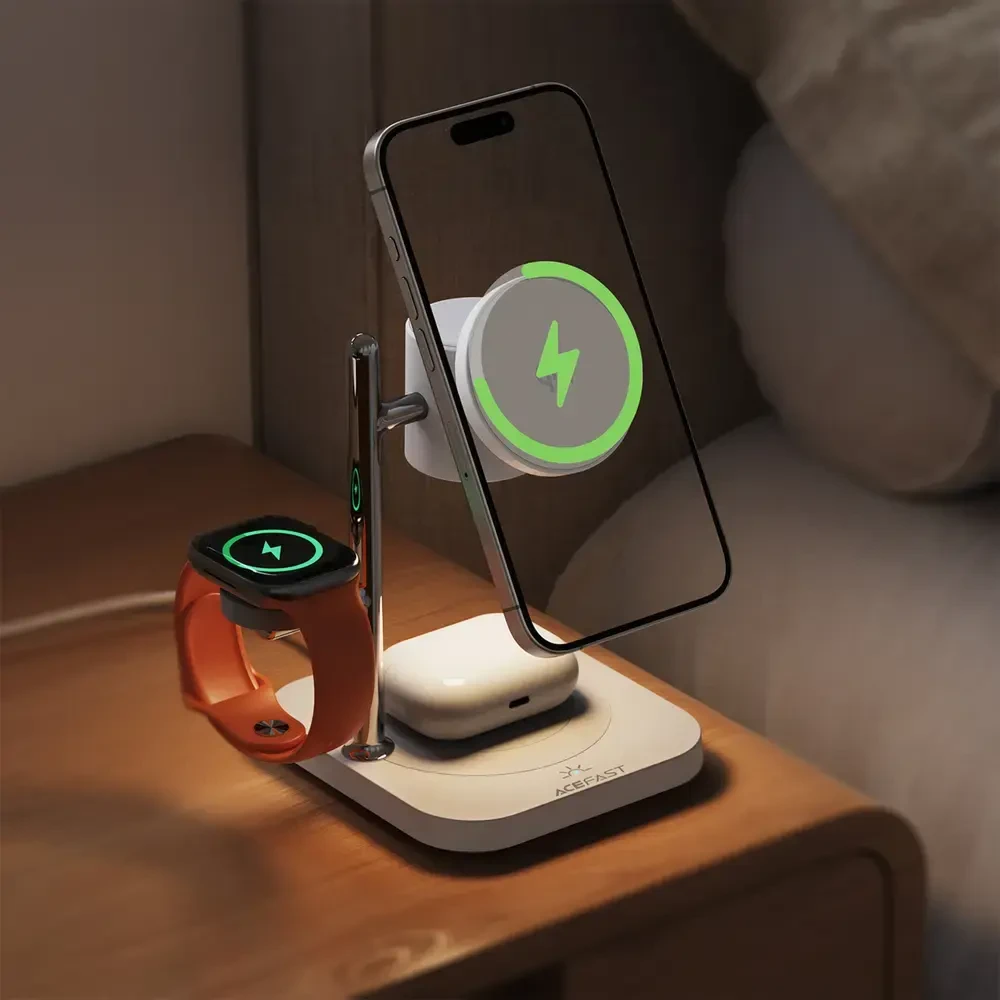 Acefast E39 Qi2.2 25W 4 viename belaidis stalo įkroviklis telefonui, laikrodžiui ir ausinėms su naktiniu apšvietimu – baltas