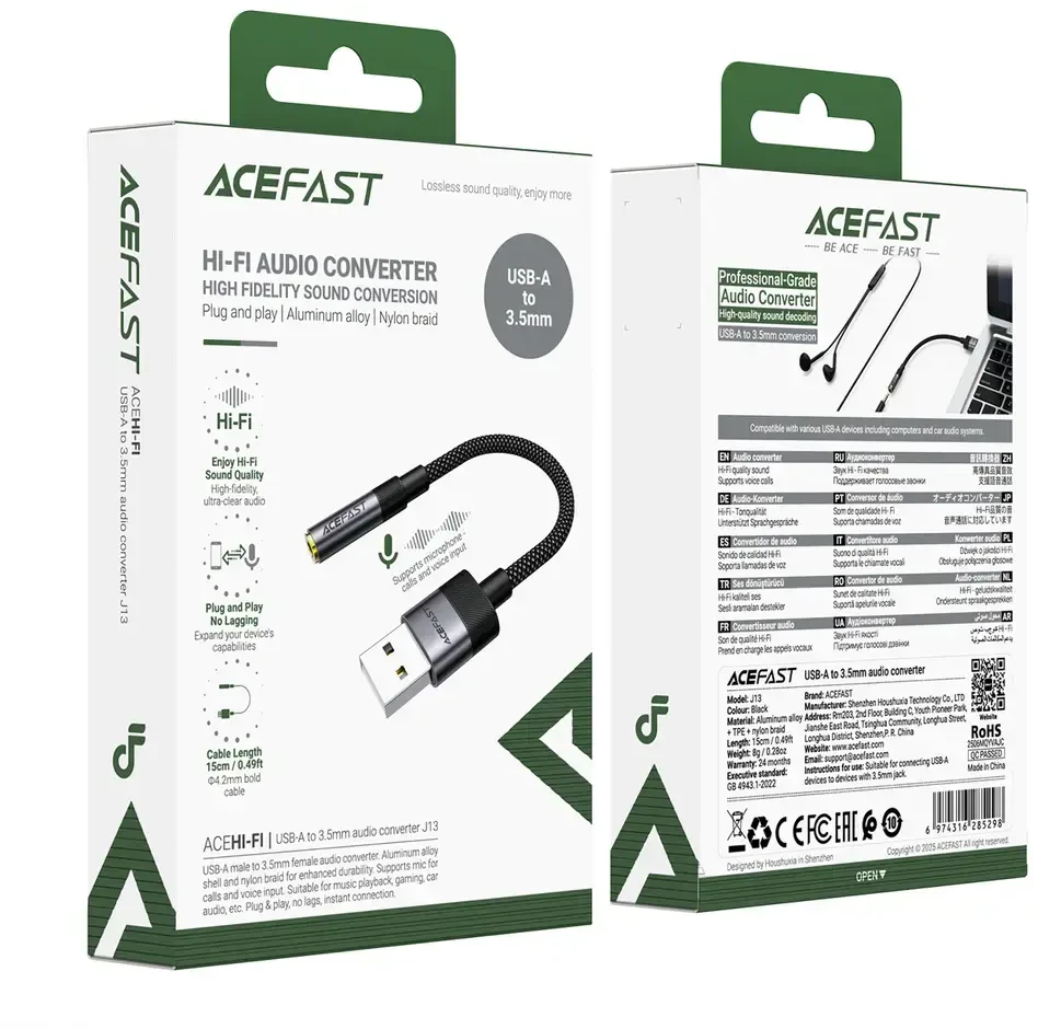 Acefast J13 USB-A to 3.5mm mini jack adapter - juodas