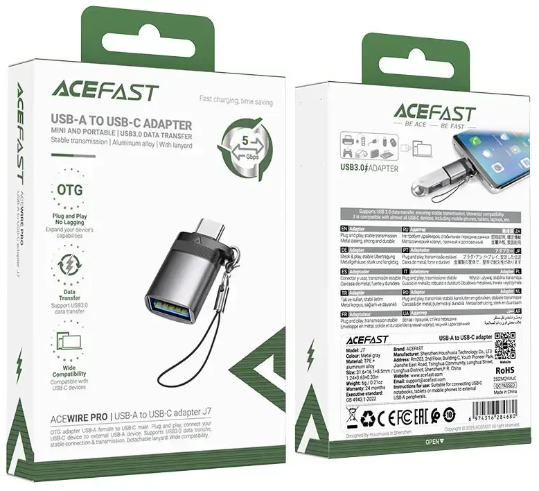 Acefast J7 USB-A - USB-C adapteris - pilkas