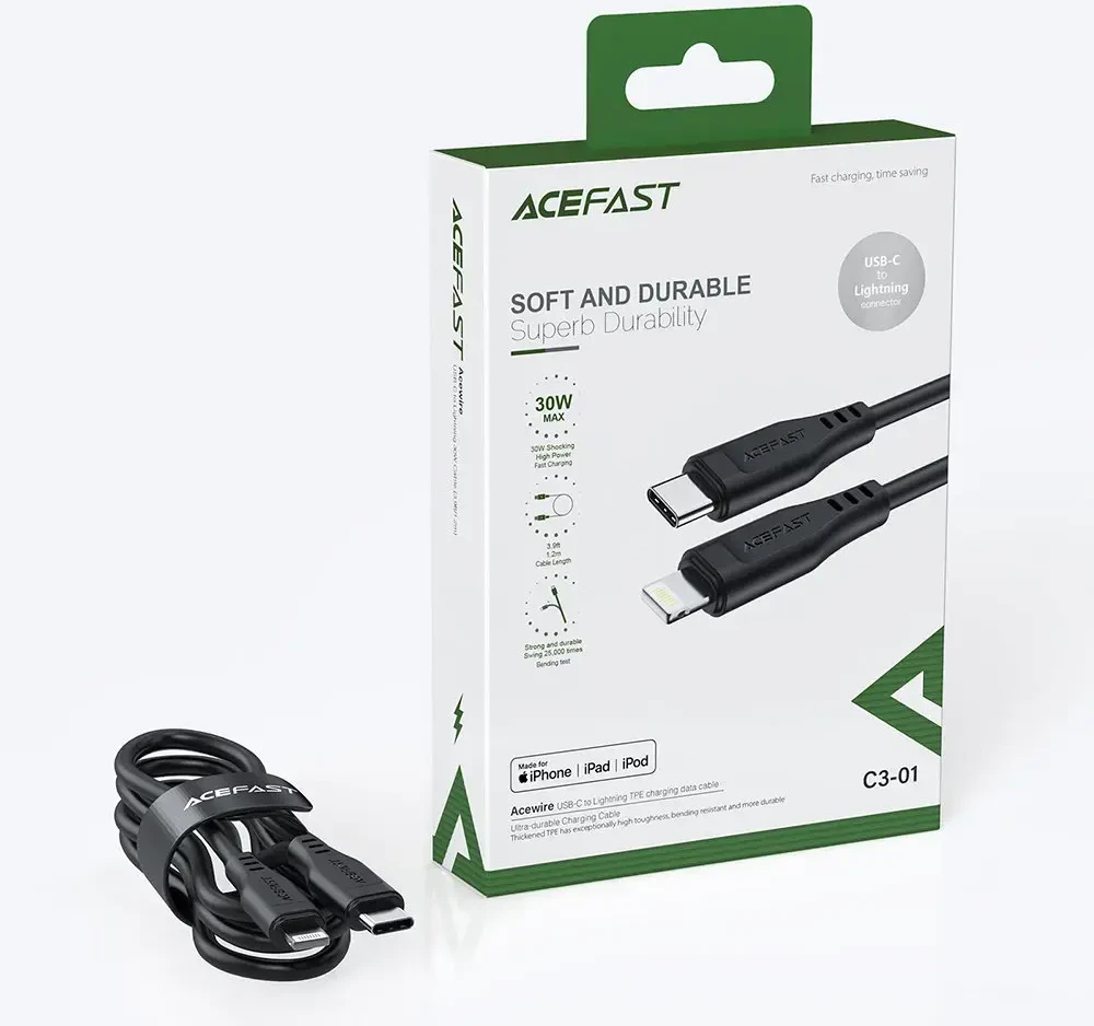 USB MFI laidas Acefast C3-01, USB-C do Lightning, 30 W, 1,2 m (juodas)