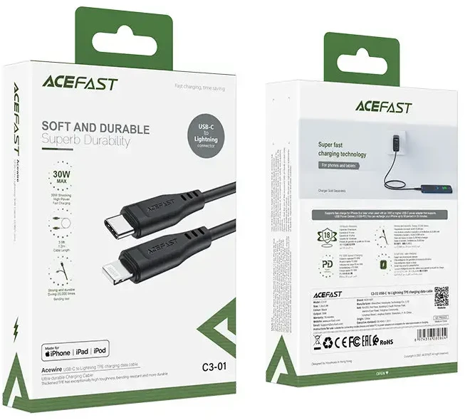 USB MFI laidas Acefast C3-01, USB-C do Lightning, 30 W, 1,2 m (juodas)