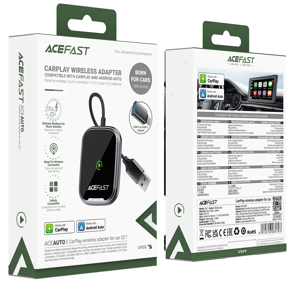 Belaidis CarPlay/Android Auto adapteris Acefast QC1 juodas