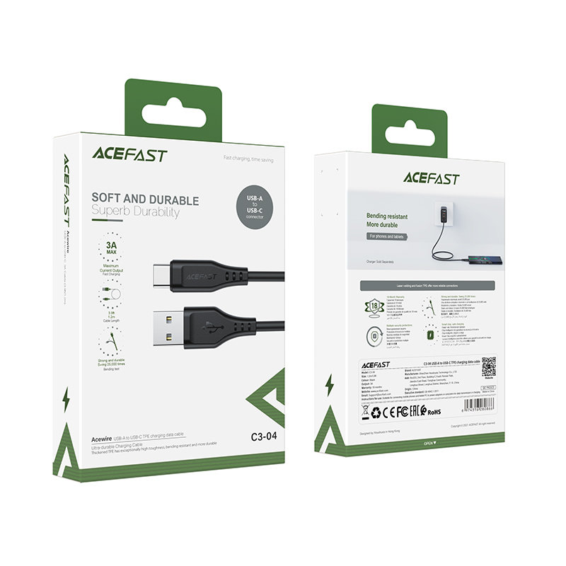 USB-C – USB-C UGREEN Acefast C3-04 1.2 m, 60 W (juoda)