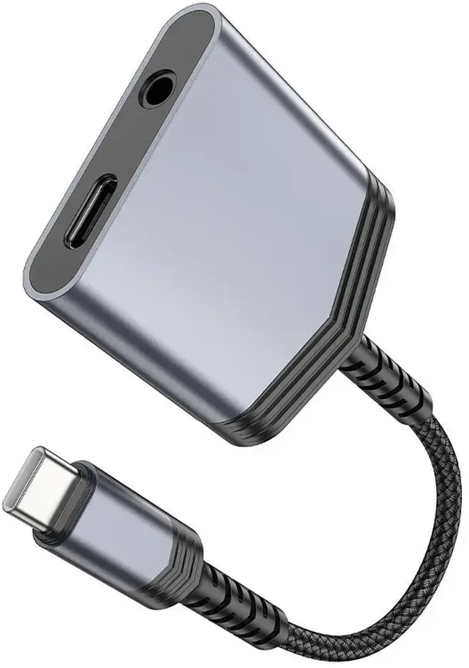 Adapteris AUX 2w1 USB C į USB C / Jack 3,5 mm Hoco 27W LS39 metalinis pilkas