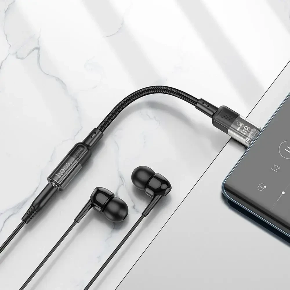 Adapteris AUX USB C to Jack 3,5 mm Hoco 0,15 m LS37 transparent juodas