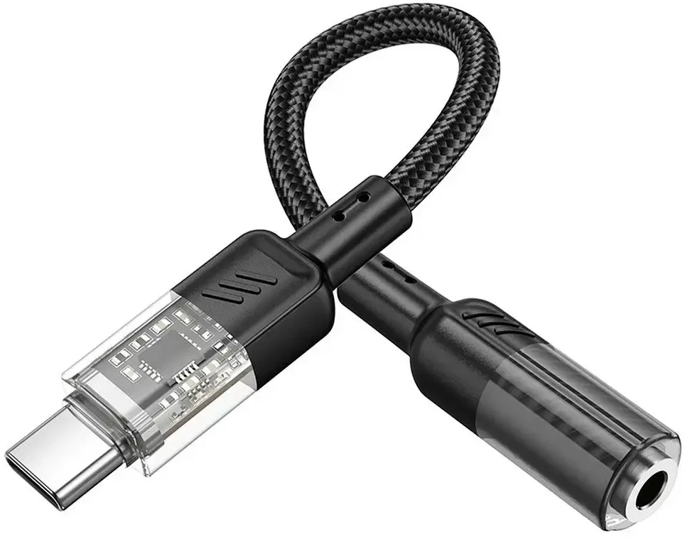 Adapteris AUX USB C to Jack 3,5 mm Hoco 0,15 m LS37 transparent juodas