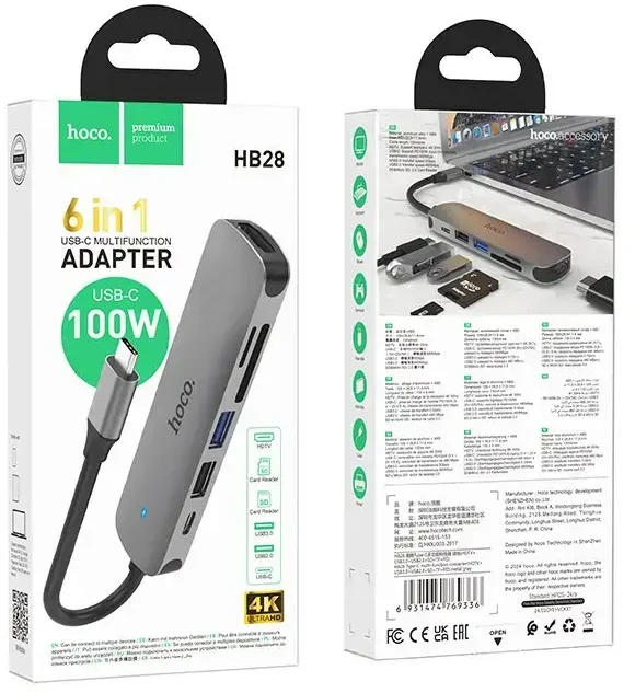 Adapteris Hoco HB28 Type-C daugiafunkcis keitiklis HDMI+USB3.0+USB2.0+SD+TF+PD pilkas