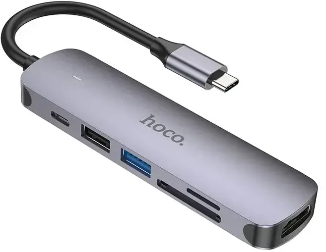 Adapteris Hoco HB28 Type-C daugiafunkcis keitiklis HDMI+USB3.0+USB2.0+SD+TF+PD pilkas
