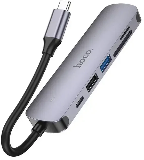 Adapteris Hoco HB28 Type-C daugiafunkcis keitiklis HDMI+USB3.0+USB2.0+SD+TF+PD pilkas