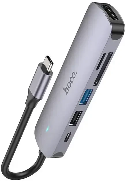 Adapteris Hoco HB28 Type-C daugiafunkcis keitiklis HDMI+USB3.0+USB2.0+SD+TF+PD pilkas