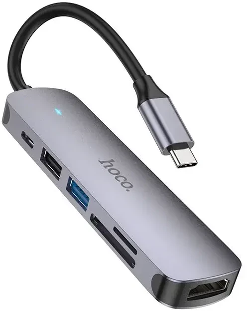 Adapteris Hoco HB28 Type-C daugiafunkcis keitiklis HDMI+USB3.0+USB2.0+SD+TF+PD pilkas