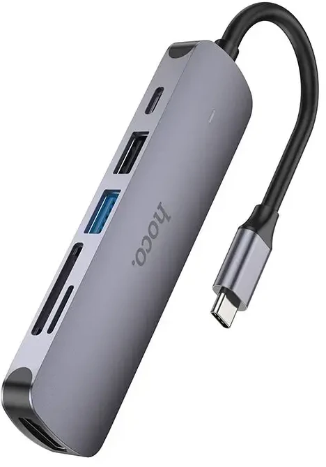 Adapteris Hoco HB28 Type-C daugiafunkcis keitiklis HDMI+USB3.0+USB2.0+SD+TF+PD pilkas