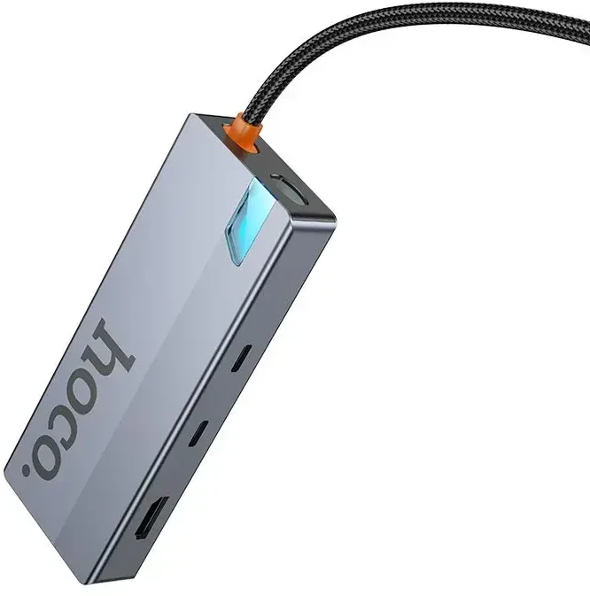 Adapteris HUB 8w1 (HDTV+RJ45+SD/TF+PD+Type-C 3.0+USB 3.0 x 2) USB-C Hoco HB52 pilkas