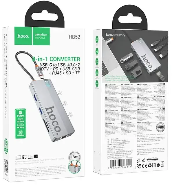 Adapteris HUB 8w1 (HDTV+RJ45+SD/TF+PD+Type-C 3.0+USB 3.0 x 2) USB-C Hoco HB52 pilkas