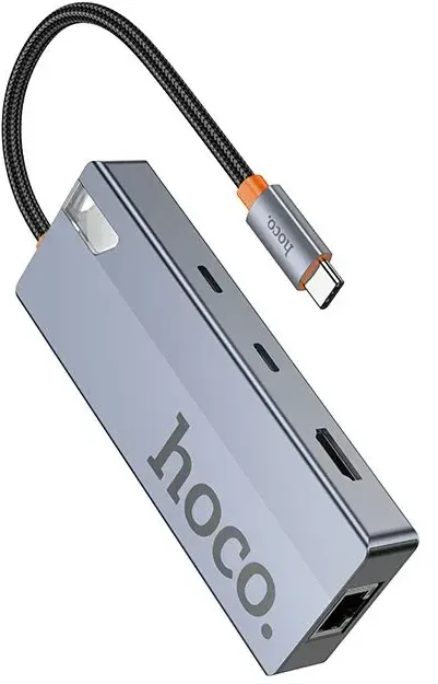 Adapteris HUB 8w1 (HDTV+RJ45+SD/TF+PD+Type-C 3.0+USB 3.0 x 2) USB-C Hoco HB52 pilkas