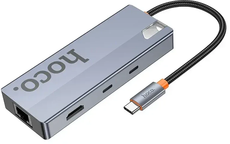 Adapteris HUB 8w1 (HDTV+RJ45+SD/TF+PD+Type-C 3.0+USB 3.0 x 2) USB-C Hoco HB52 pilkas