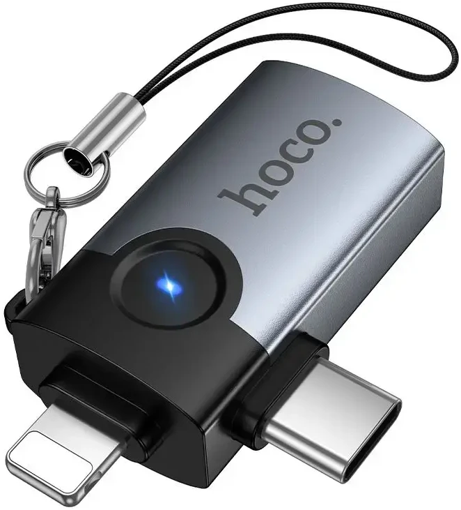 Adapteris OTG 2in1 Lightning / USB C į USB A Hoco UA46E Victory pilka
