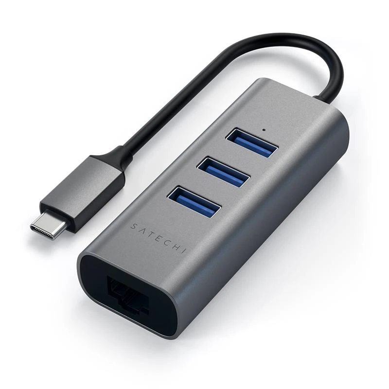 SATECHI Type-C 2-in-1 USB 3.0 aliuminio 3 prievadų šakotuvas ir Ethernet prievado erdvė pilka
