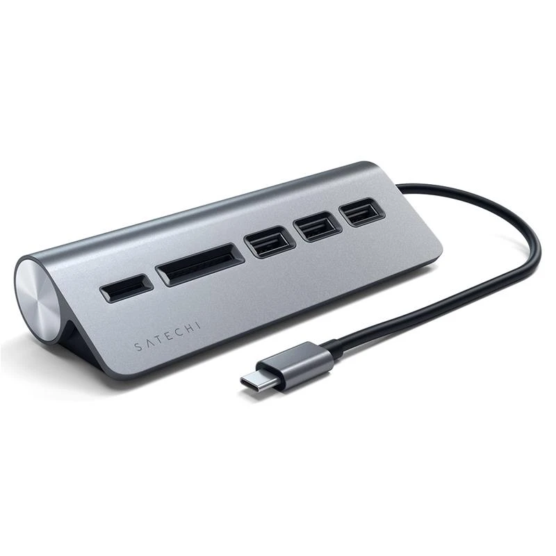 SATECHI Type-C aliuminio USB 3.0 šakotuvas ir kortelių skaitytuvo vieta pilka