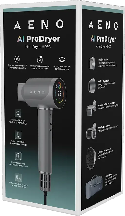 Plaukų džiovintuvas AENO HD5G AI ProDryer, 1500W, 5+ Modes, LCD, 110000 RPM, Pilkas